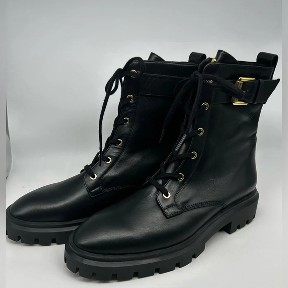 Stuart Weitzman Ultra Lug Black Combat boots Gold Buckles  size 10.5  new - Picture 4 of 14